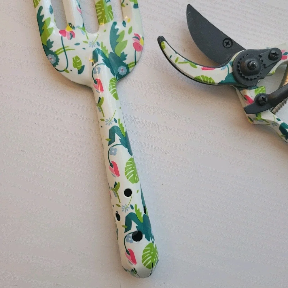 2-Piece Floral Garden Tools hand fork & Pruning Shears Decorative Print Aluminum